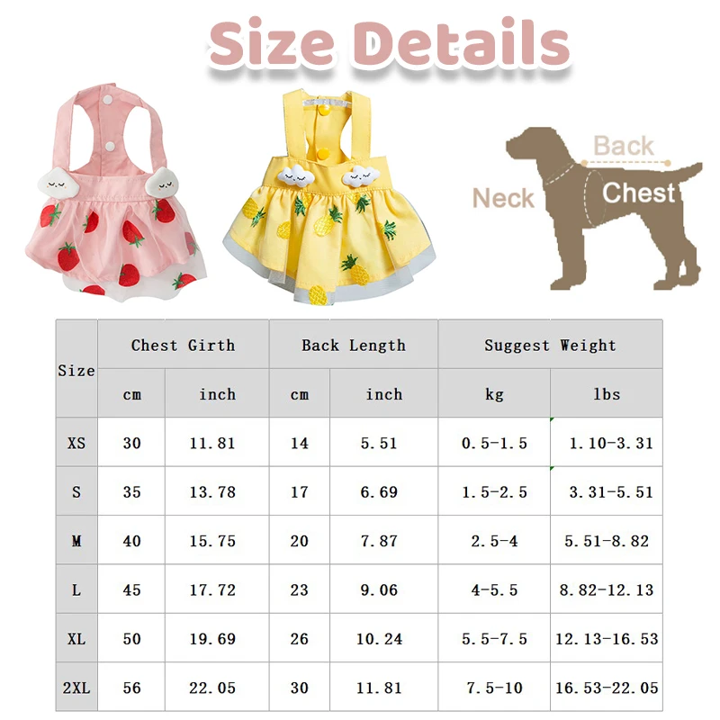 Summer Dog Dress Strawberry Pineapple Print Skirts Cat Sweet Dresses Chihuahua Yorkie Cute Skirts Puppy Clothes Pet Supplies