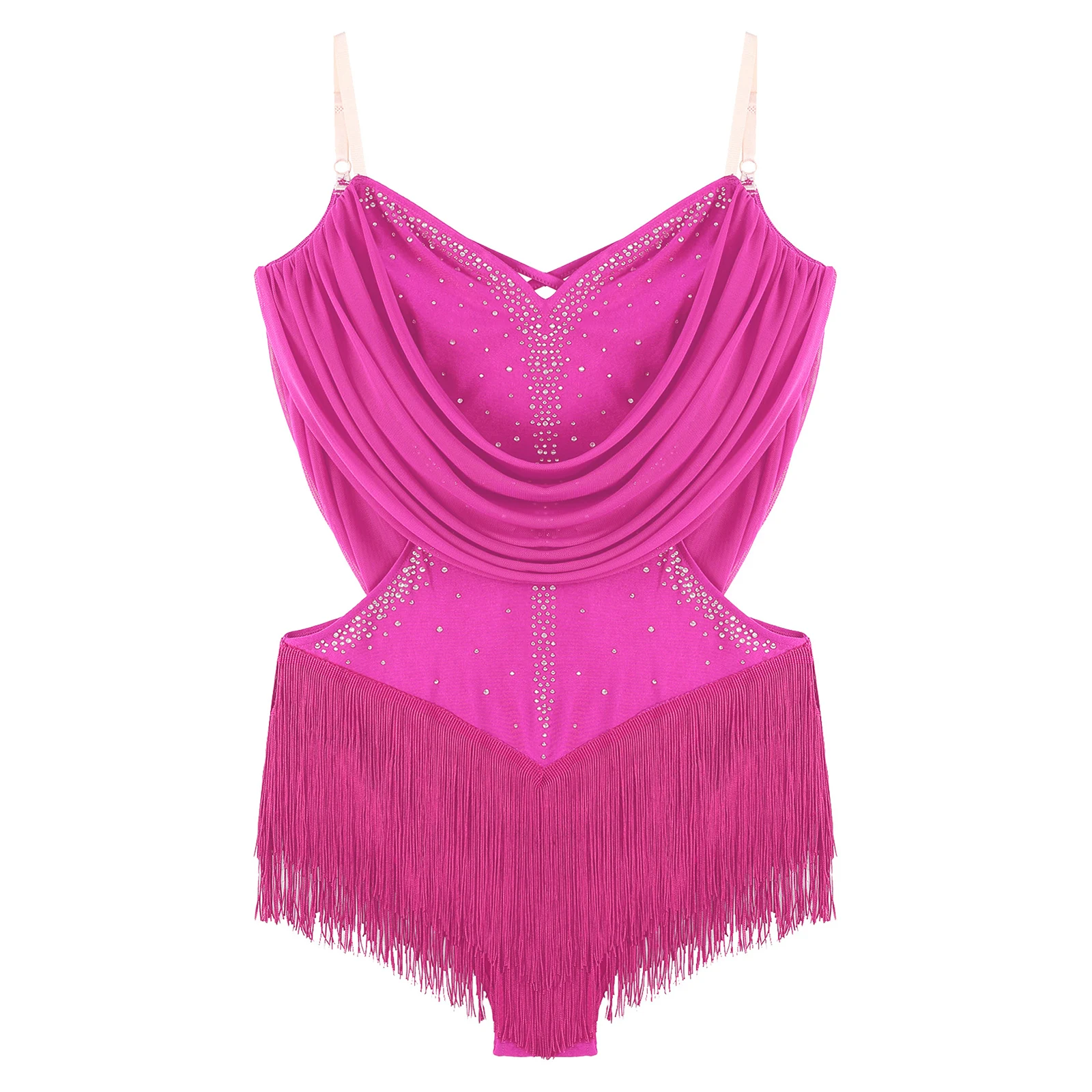 

Lyrical Latin Cha-cha Dance Dress Women Mesh Drapes Tassel Latin Dance Performance Leotard Glittery Fringed Latin Dance Bodysuit