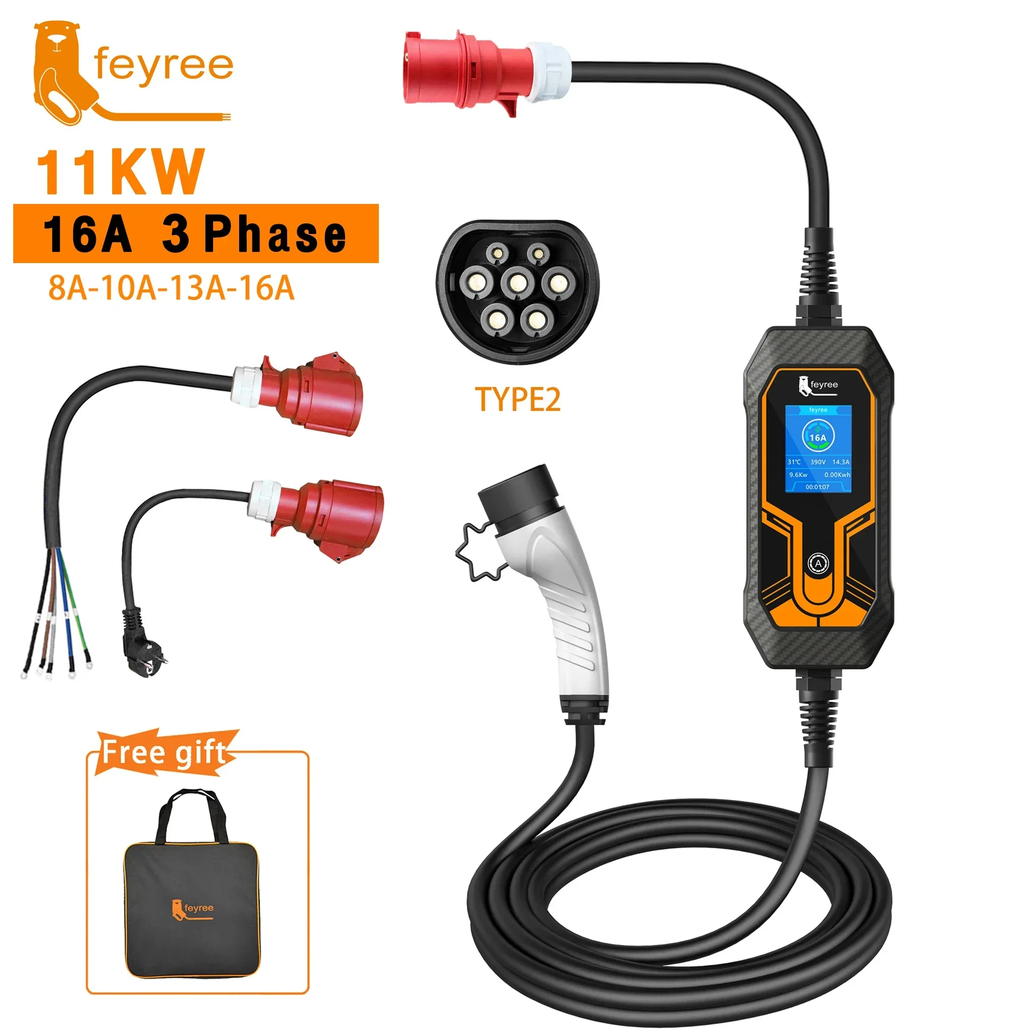 feyree EV Charger Portable Type2 11KW 16A 3 Phase EVSE Charging Box Current Adjustable CEE Male Plug for Electric Car Charger