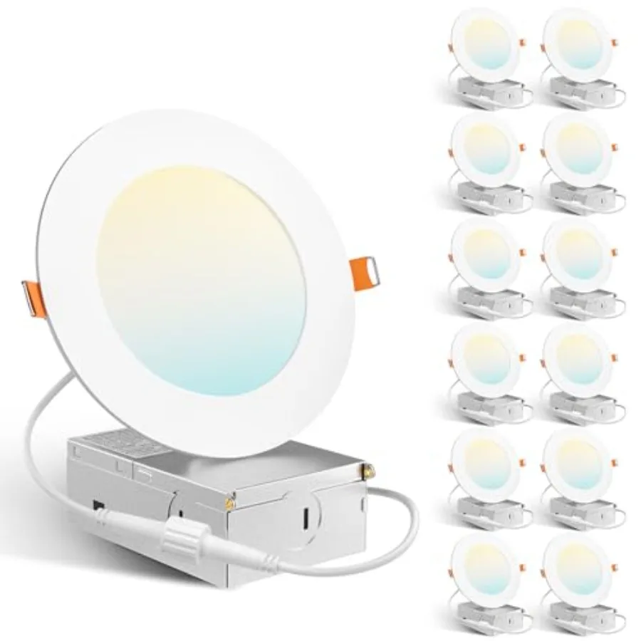2 Pack 4 Inch 5CCT Ultra-Thin LED Recessed Dimmable Ceiling Light with Junction Box, 2700K/3000K/3500K/4000K/5000K Selectable,