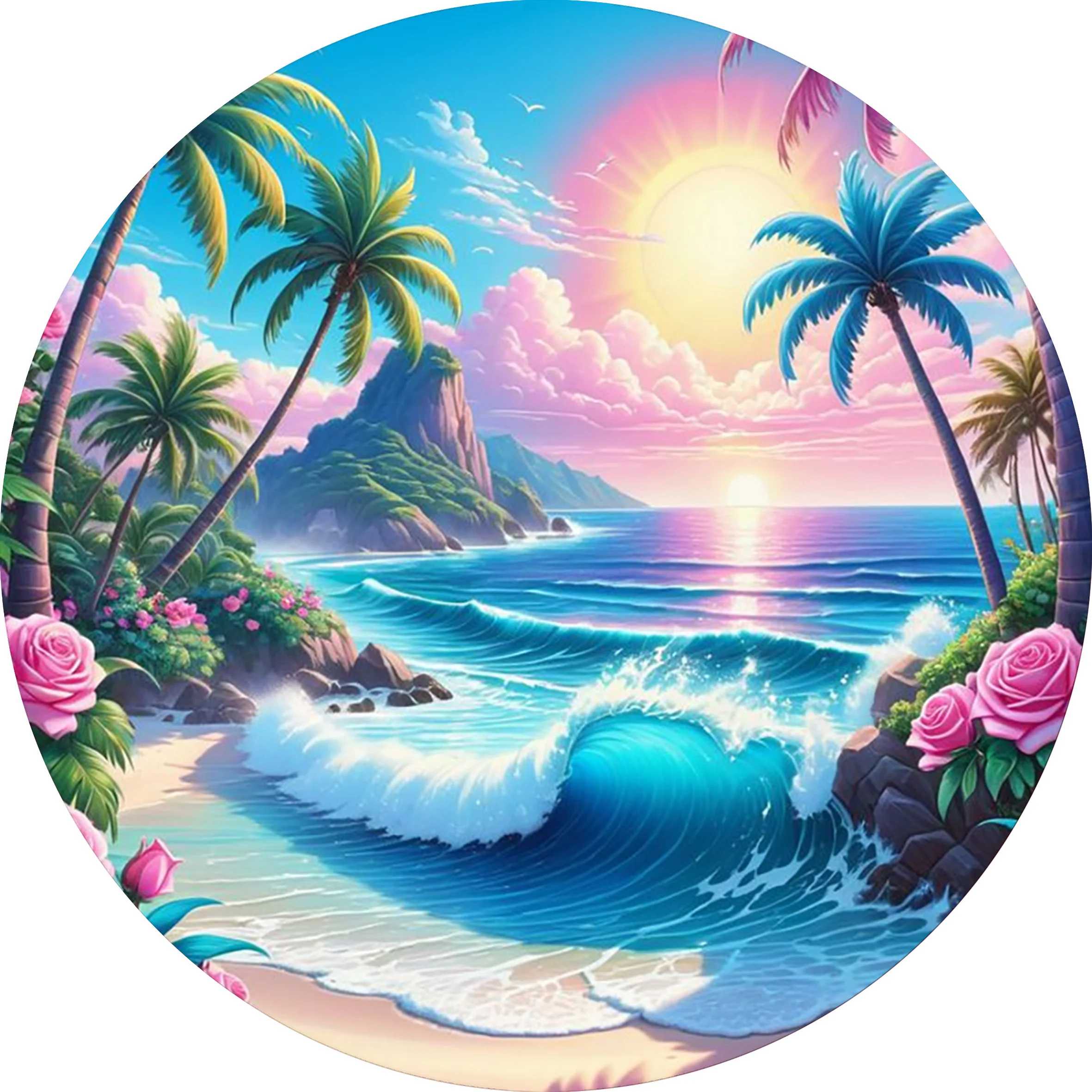 2D Flaches Metall-Blechschild mit tropischem Strandsonnenuntergang und Paradiesmotiv, lebendige Palme und pinke Rose, Küstenlandschaft Wanddekoration, Traumhaft