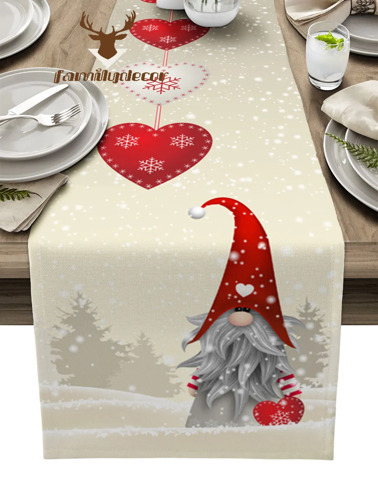 Christmas Gnome Snowflake Love Heart Table Runner Home Wedding Table Mat Centerpieces Decoration Party Dining Long Tablecloth