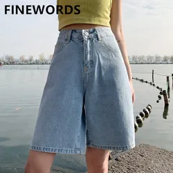 FINEWORDS lato w stylu Vintage wysokiej talii bermudy dżinsy kobiet koreańskie Casual szerokie nogawki spodenki jeansowe Streetwear luźne średnie krótkie