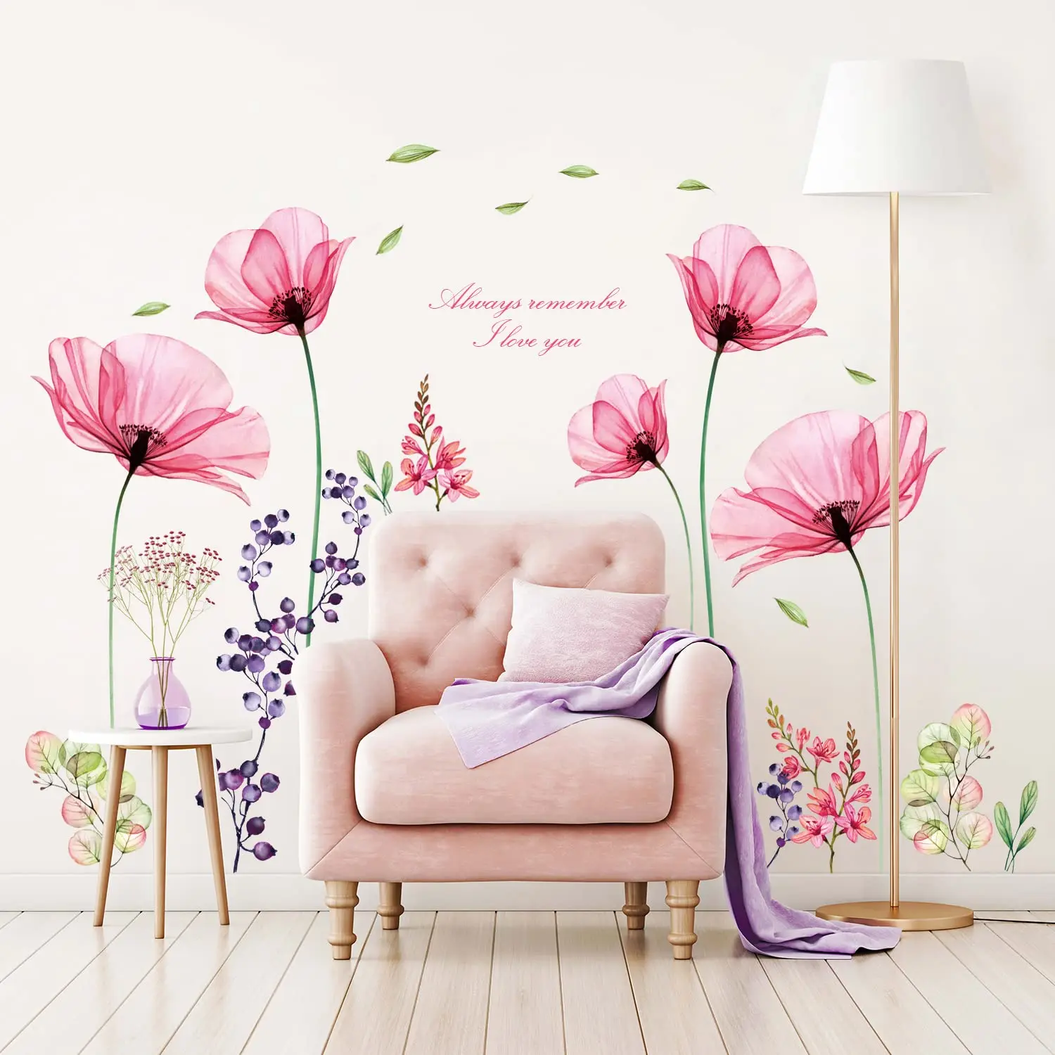 Pink Flowers Wall Stickers Vintage Wild Family Love Quotefloral Wall Decals  Living Room Girls Bedroom Removable