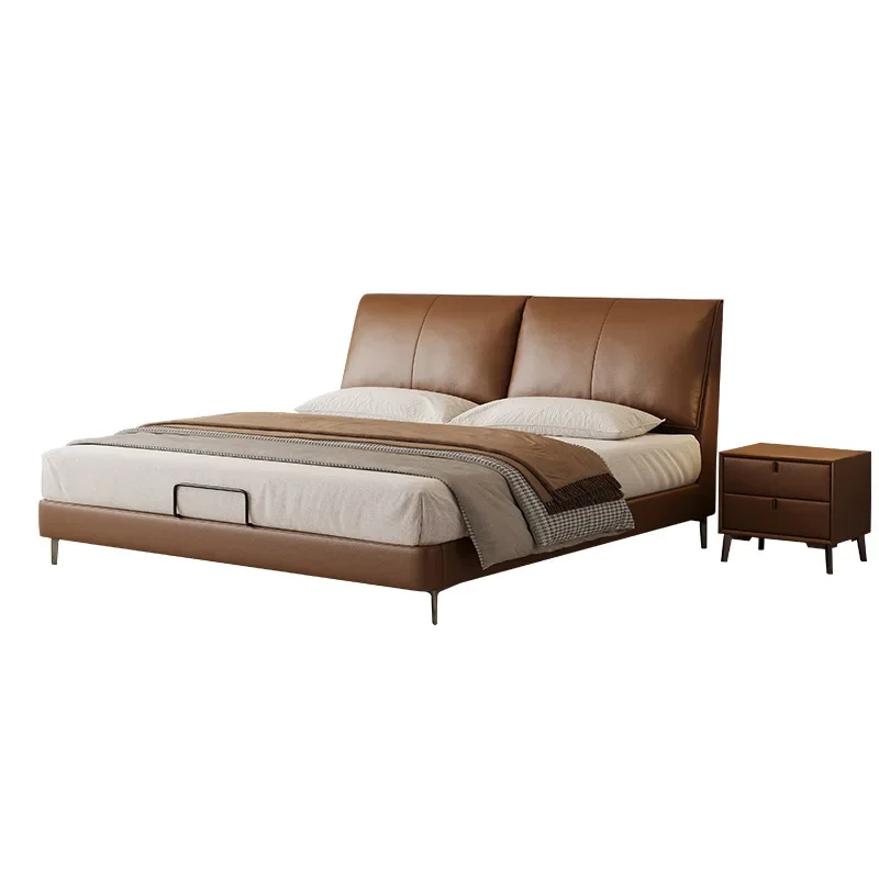 

Italian minimalist first-layer cowhide bed modern home master bedroom high feet