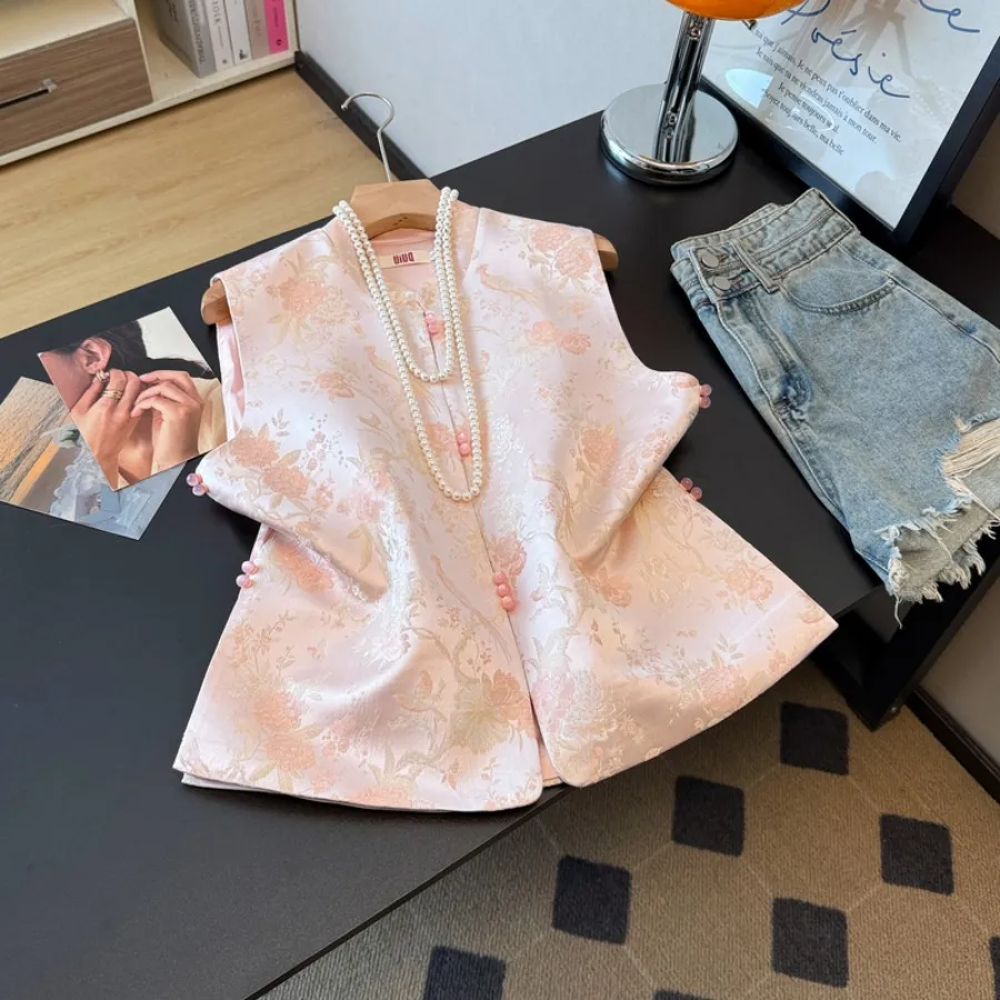 Handmade Chinese Style Reformed National Trend Satin Surface Embroidery Button Small Stand Collar High End Vest Top Coat