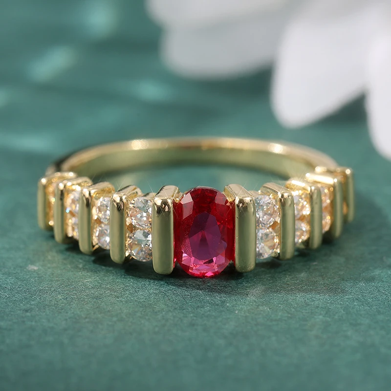 Luxurious Princess Cutting Oval Red Zircon Ring Ladies' Engagement Wedding Temperament Ring Jewelry