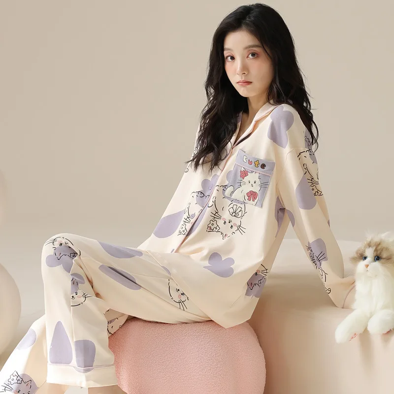 Double-sided High-grade Cotton Women's Pajamas Autumn And Winter Loose Long-sleeved Trousers Home Wear Lapel Pyjamas Sets