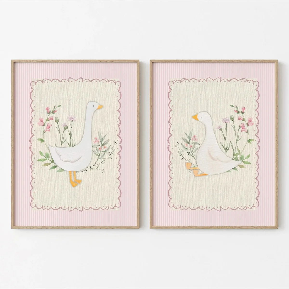 2pcs/set Cute Sweet Silly Goose Abstract Canvas Print Poster Modern Floral Animal Art Prints Bedroom Nursery Wall Art Home Decor