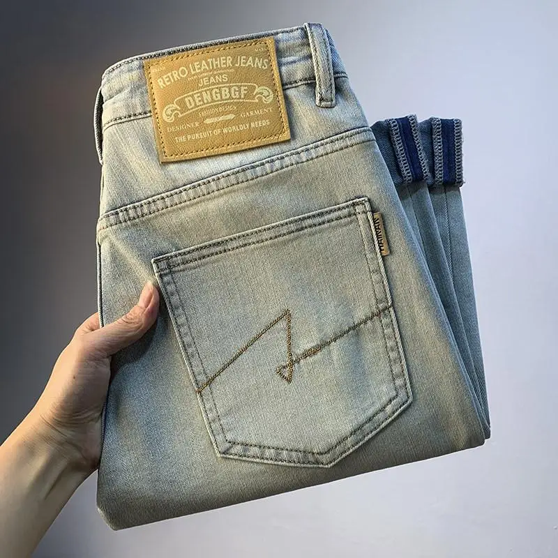 Vintage Style Light Wash Slim Stretch Tapered Long Denim Jeans for Men, Casual Daily Pants for Spring and Autumn