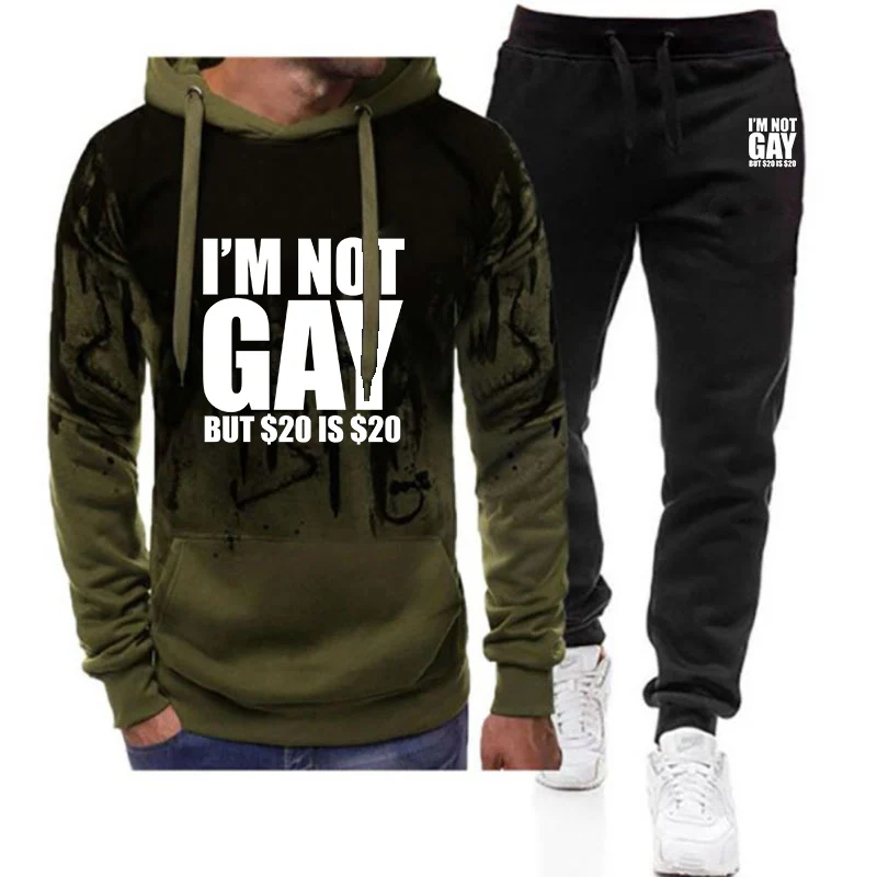 

2025 Spring And Autumn I'm Not Gay But 20 Is 20 Printing Men's New Gradient Color Set Hoodie+Casual Sweatpant Two-piece Suit