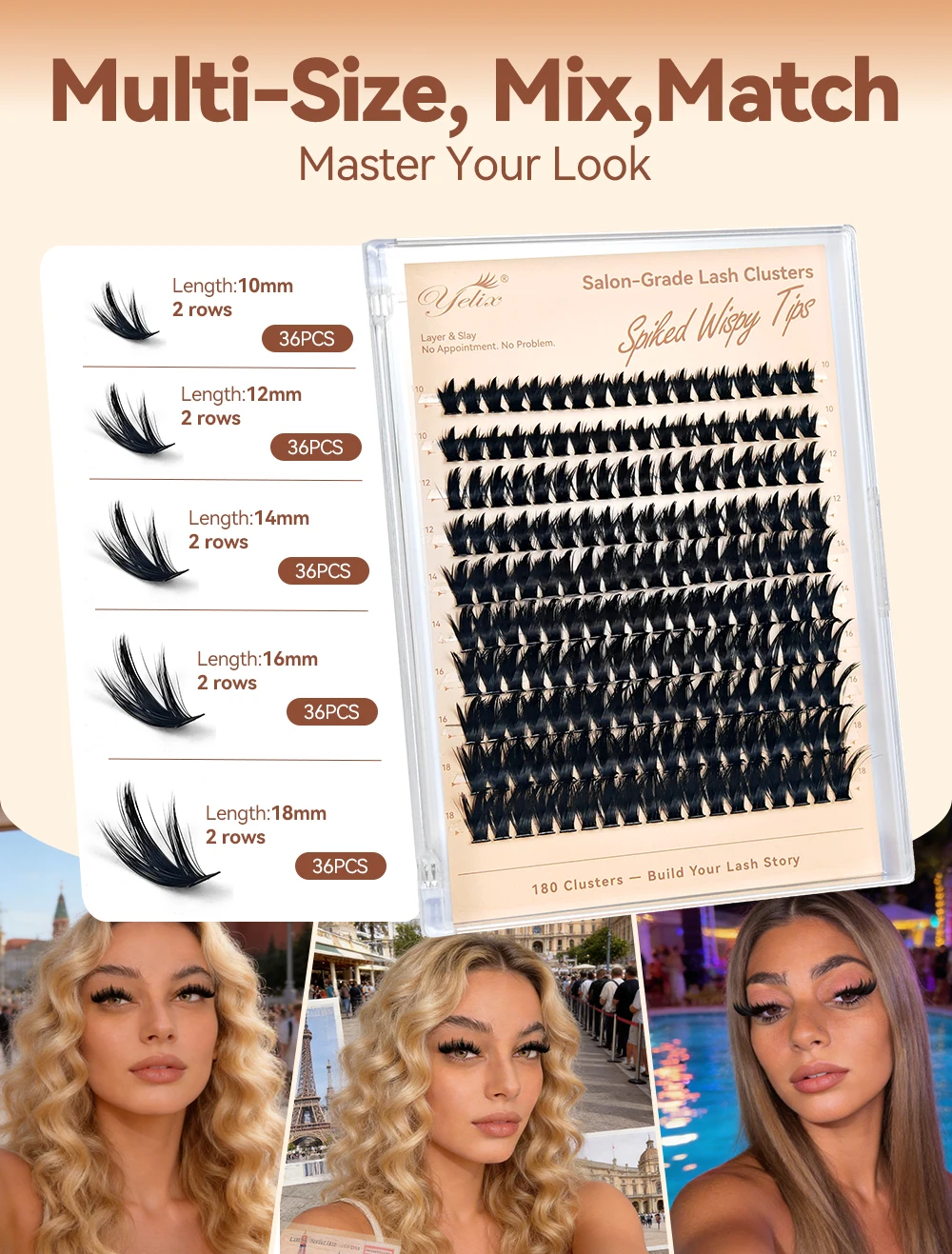 yelix Cspikes Cluster-Wimpern, volle, flauschige, zarte, weiche Fischgräten-Struktur, flexibel, Großhandel, Zubehör für Schönheitssalons, Großhändler, Profis, Make-up – Detail 5