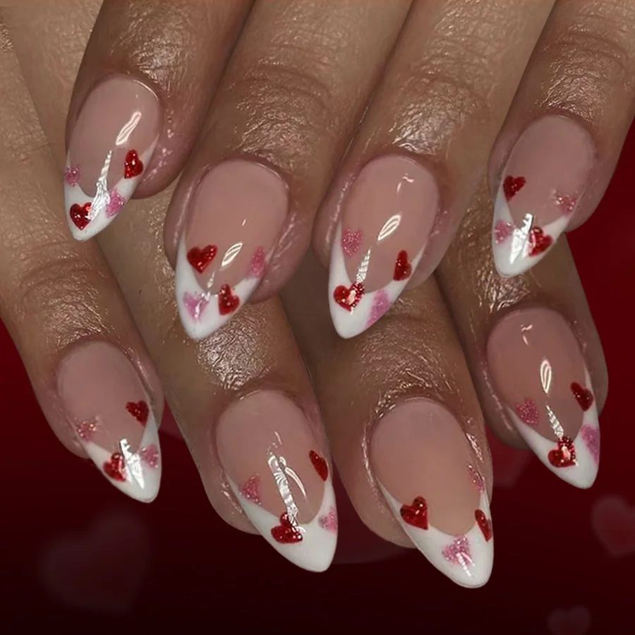 

24pcs Medium False Nails Valentine's Day White French Red Pink Love Glitter Fake Nails with Design Press on Nails Self-nail 2026