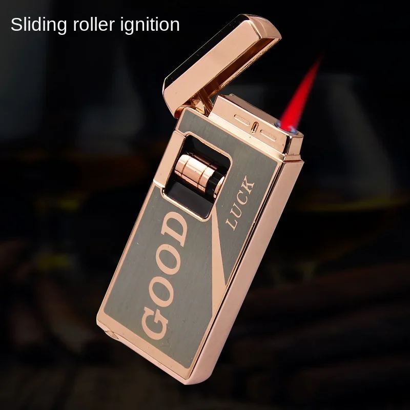 Metal Induction Windproof Red Jet Flame Butane Gas Lighter Creative Touch Roller Battery Ignition Smoking Accessories Gadgets