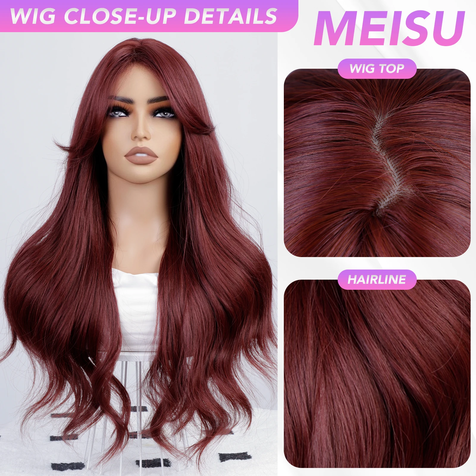 MEISU Rose Red Curly Wave Wigs Separate Bangs 26 Inch  Fiber Synthetic Heat-resistant Deep Wave Hair Natural Party or Selfie