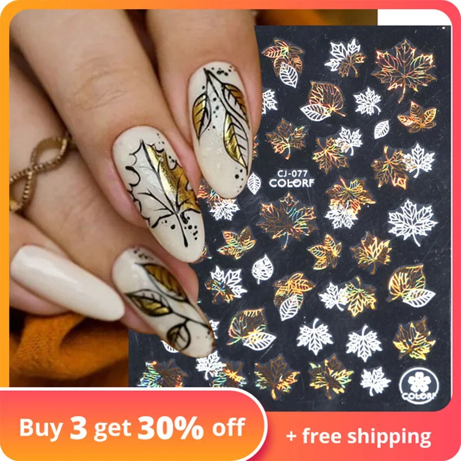 Autumn Manicure 2022 Stickers White Laser Gold Fall Leaves Decals Sliders Nail Art Decor Thanksgiving 3D Adhesive Foils CHCJ077