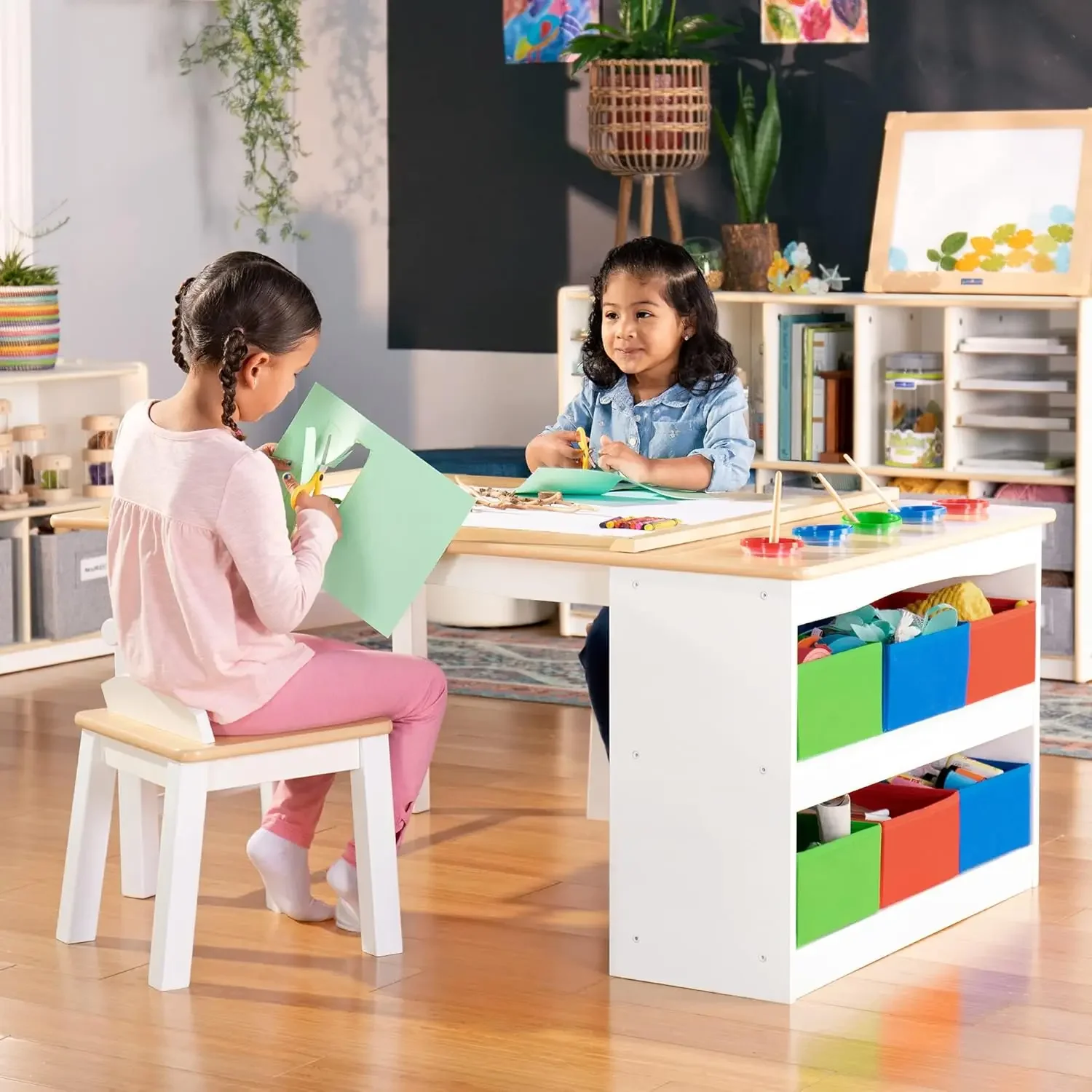 Arts and Crafts Center: Kids Activity Table and Drawing Desk with Stools, Storage Canvas Bins, Paper Roller, and Paint Cups | To