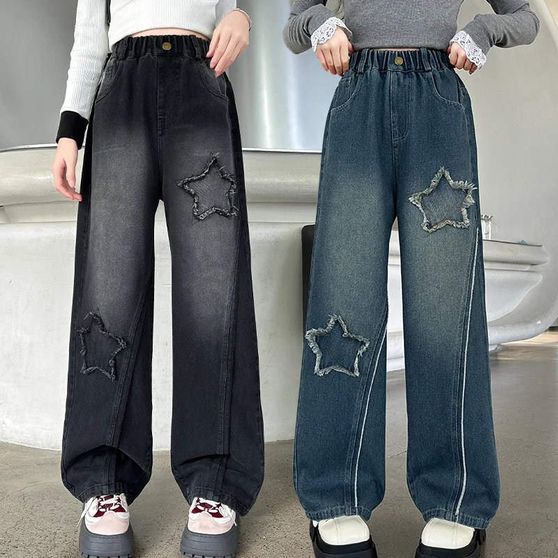 

New Stylish Kids Fashion Straight Leg Jeans with Stars for Tween Girls Hot Sale Trousers Children Elegant Denim Pants 4 To 14 Y