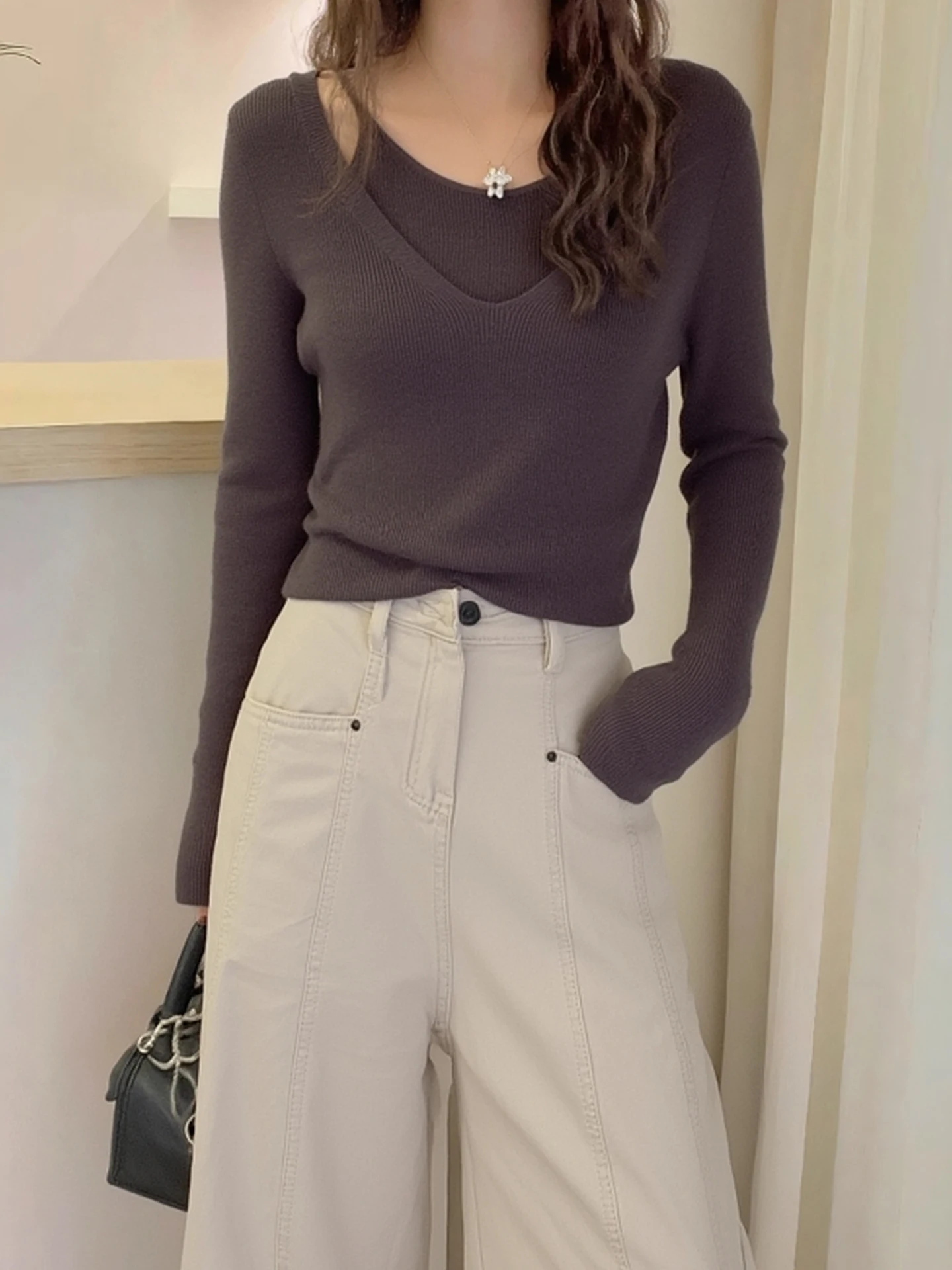 

Slimming Long Sve Knitted Sweater Soft Comfortable Base Layer irt Design Sense Fake Two-Piece Set Overhead Top Trendy Au...