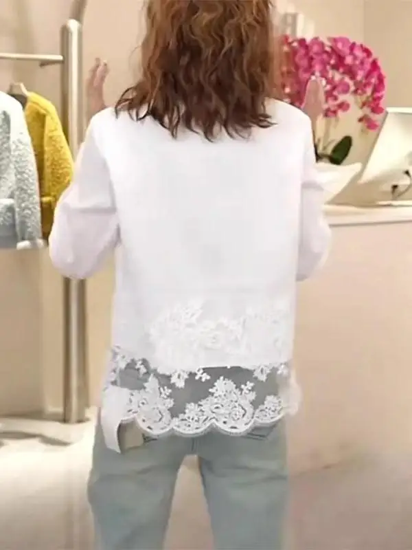 Kant Oversized Dames irt High-End Gesplitste Zoom Basis irt Vintage Woon-werk Sle Lang Sve Button-up Ademend Huidvrij...