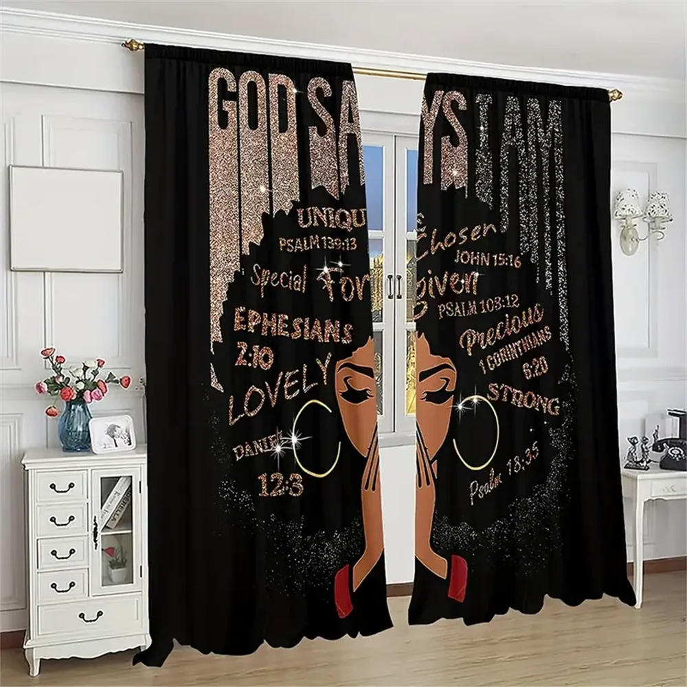 

2pcs Shiny Black Girl Lovely Beautiful Princess Window Curtains Polyester Material Suitable For Living Room Bedroom Kitchen Door