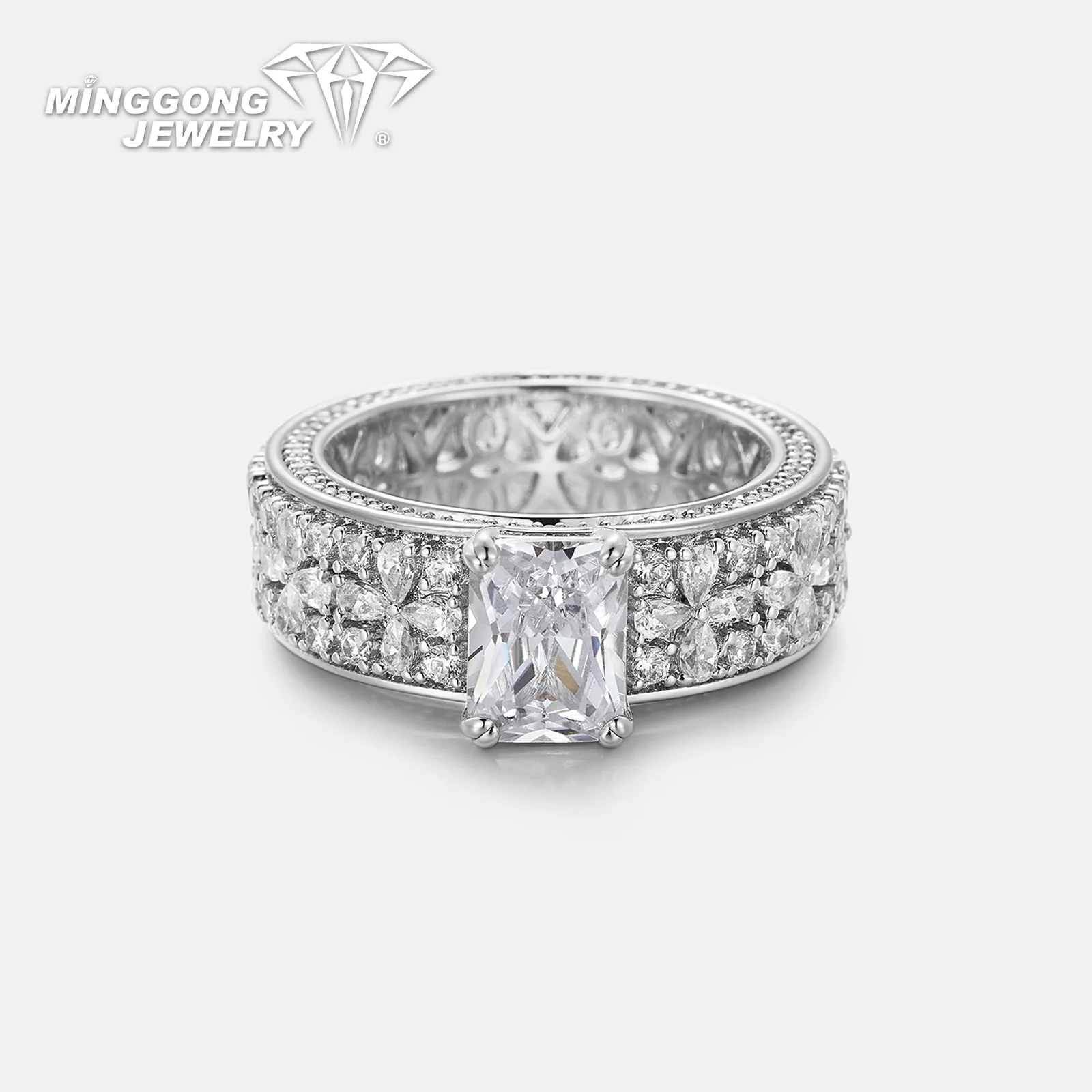 تخصيص S925 الفضة والذهب الصلب مشع سوليتير مويسانيتي الثلاثي صف البتلة خاتم الخلود تصميم الأزياء للنساء #2