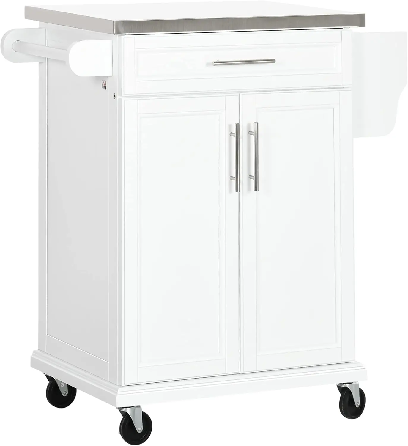 

Kitchen Island on Wheels, Rolling Kitchen Cart with Stainless Steel Countertop, Drawer, Towel Rack and Spice Rack, White