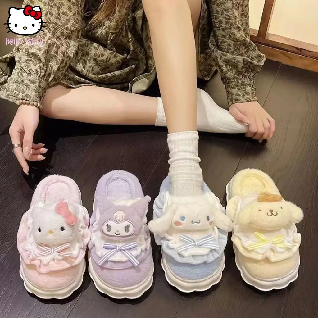 

Sanrio Slippers Cartoon Hello Kitty Kuromi Cinnamoroll Autumn Winter Warm Thickening Cotton Soft Home Shoes Holiday Gifts Kawaii
