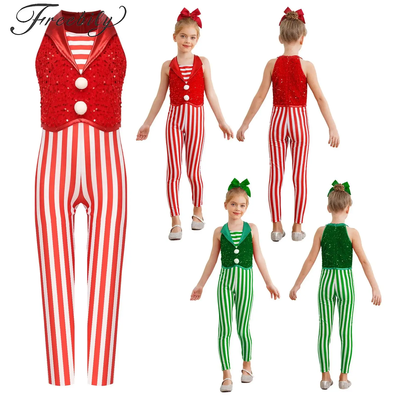 

Christmas Girls Artistic Gymnastics Jumpsuit Sleeveless Candy Cane Striped Sequins One-piece Suit Full Body Unitard Dancewear