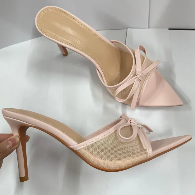 

New Summer Women's Breathable Open-toe Sandals Pointed Half-slip Sweet Bow Sandals Mesh High Heels