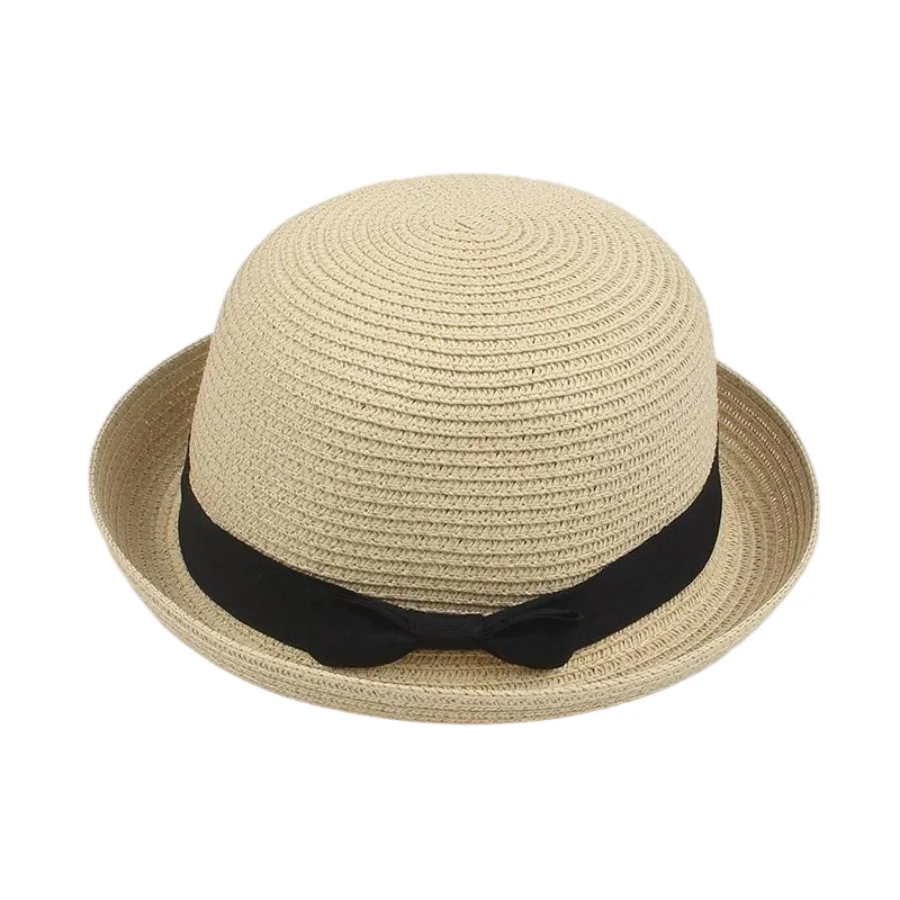 Neuer Damen-Sommer-Reisehut im koreanischen Stil mit gerolltem Rand, modischer Hut, niedlicher runder Hut, schlichter lässiger Strohhut mit Schleife – Detail 9