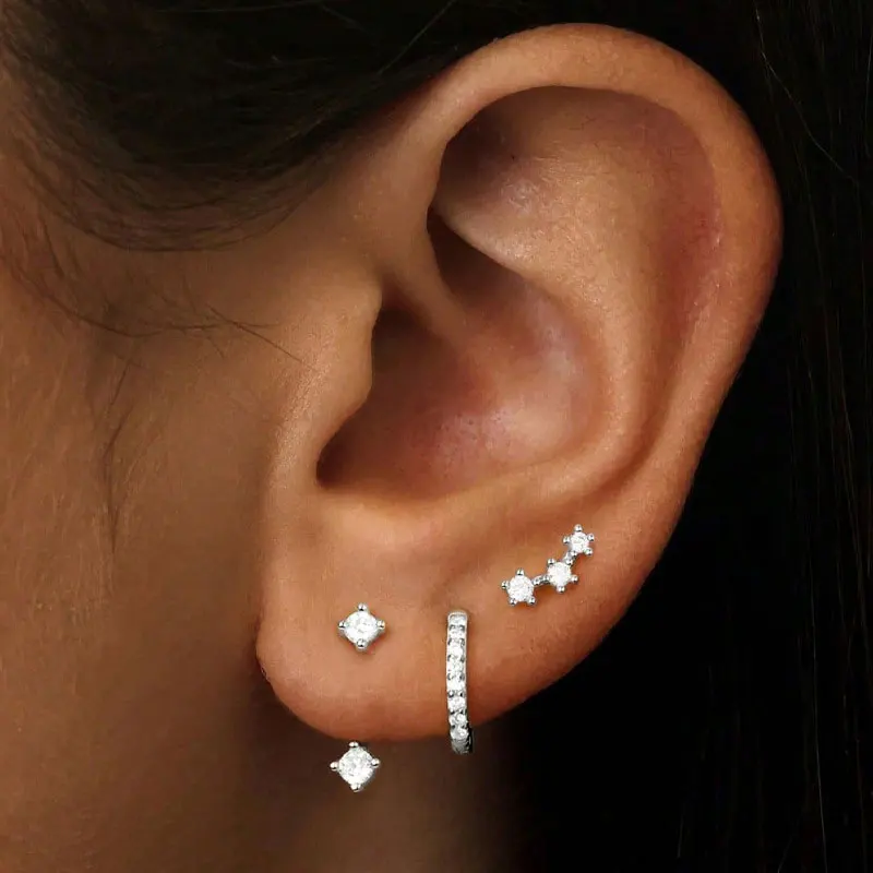 3Pcs/Set Crystal Zircon Stud Earrings For Women Girls Cute Copper Stackable Ear Bone Piercing Fashion Jewelry Accessory Set