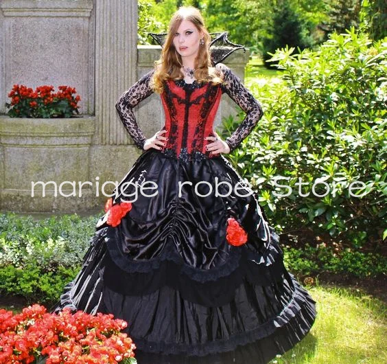 Black Red Gothic Victorian Ball Gown Prom Dresses Illusion Lace Long Sleeve Ruched Floral Bustle Steampunk Evening Dress