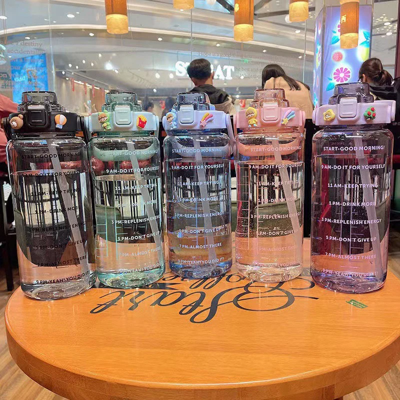 2 Liters Straw Plastic Water Bottle Large Portable Travel Bottle Sports Fitness Cup High Value Big Fat Cup Adult Universal