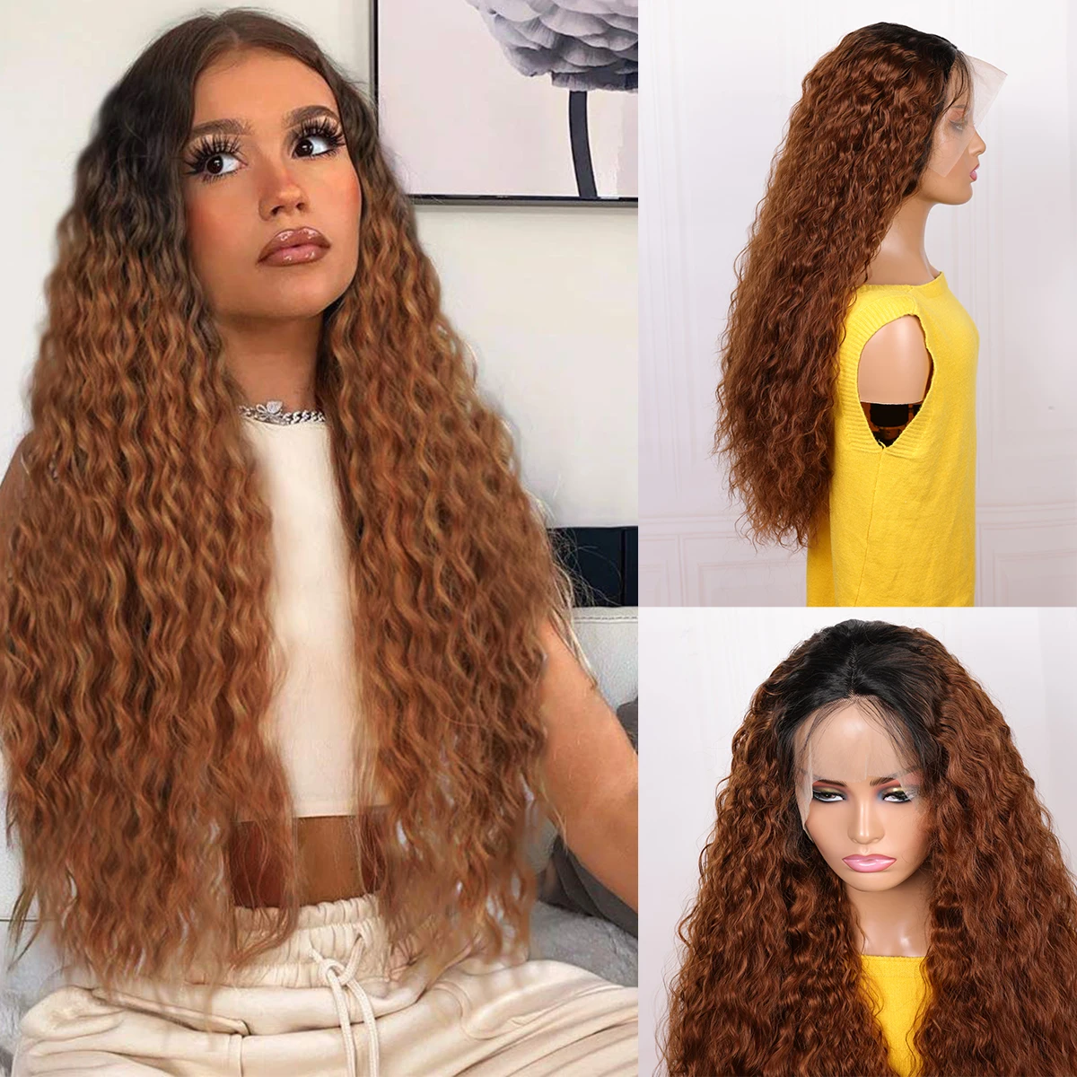 

26 "Длинный Ombre Коричневый 180 Плотность Бесклеевой Синтетический Кудрявый Парик Фронта Шнурка 13*4*1 Для Чернокожих Женщин Детские Волосы Предварительно Сорванные Ежедневно