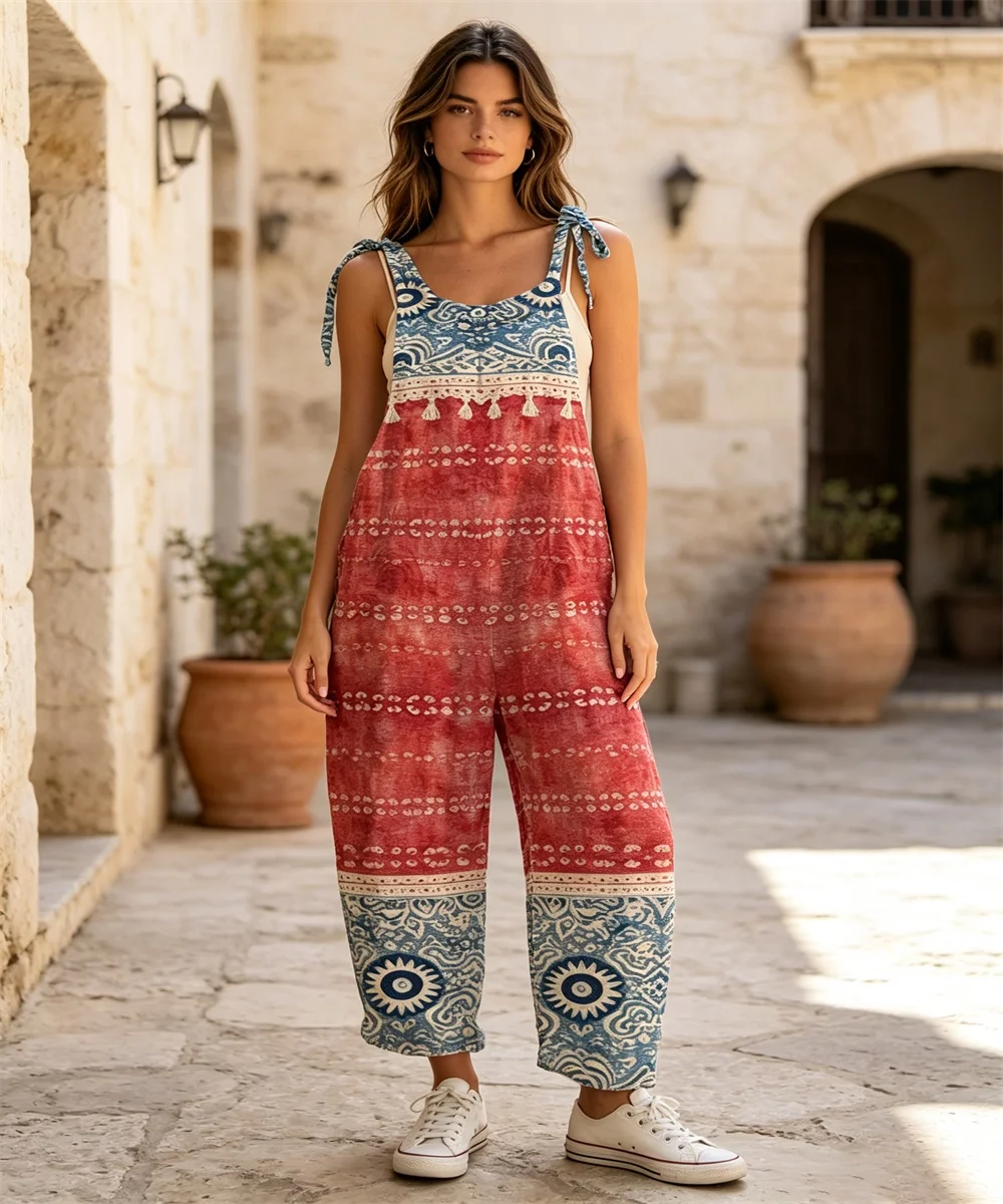 Women's new symmetrical retro mandala print comfortable casual jumpsuit, off shoulder sleeveless loose jumpsuit