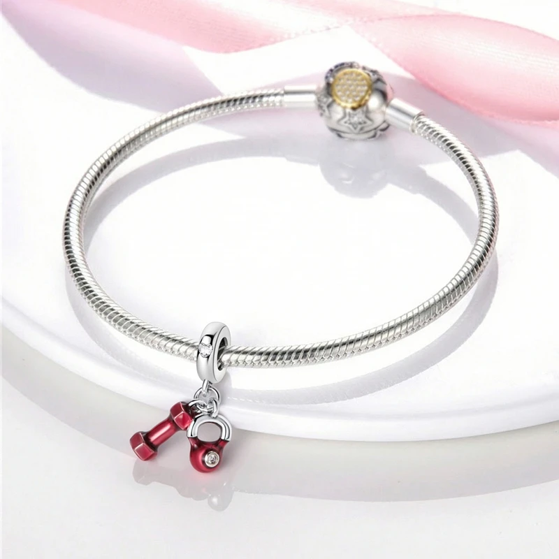 925 Sterling Silver Charm Pendant For Woman Fit Original Bracelet Making Fitness Equipment Dumbbell Kettlebell Jewelry