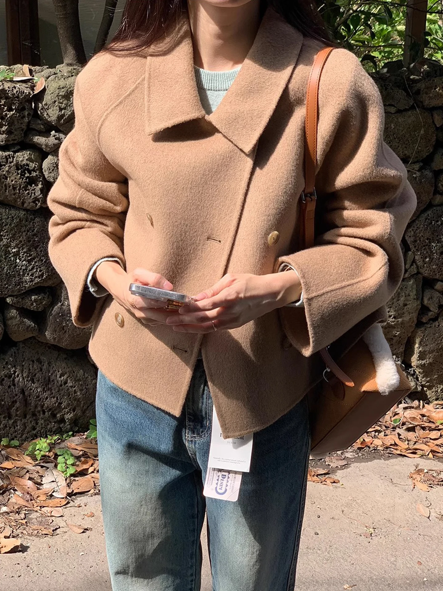 Chic Autumnal Soft Elegance Turn-down Collar Double-breasted Loose Versatile Long Sve  Color Woolen Coat for Women