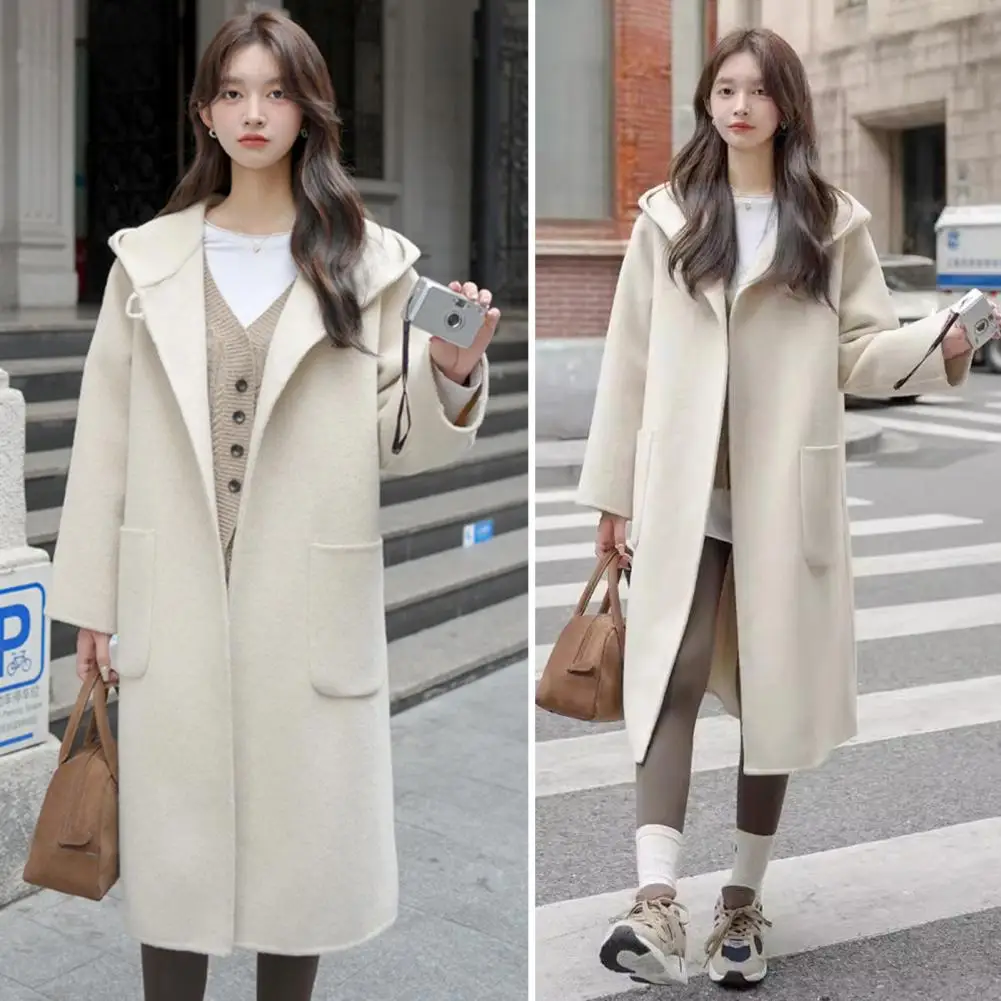 

Woolen Coat Stylish Women's Winter Coat with Hood Pockets Mid Length Open Stitch Cardigan for Commuting Dating for Weather