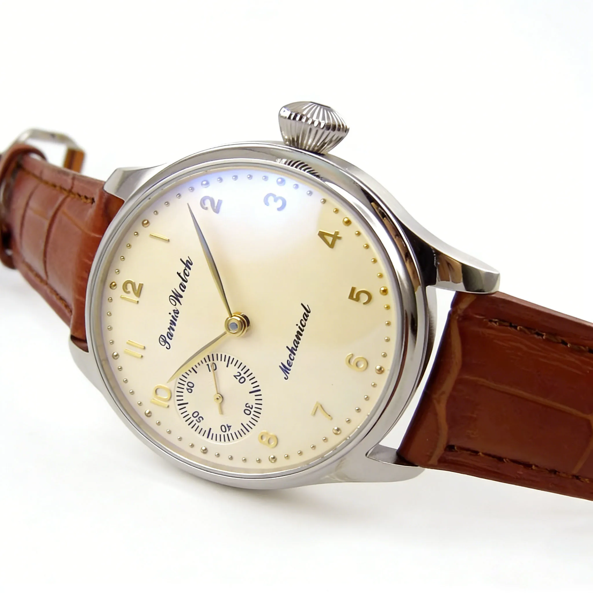 44mm parnis off-White dial Rose Golden Plated Hands Brown Leather strap 6497 movement leather strap hand winding men\'s watch