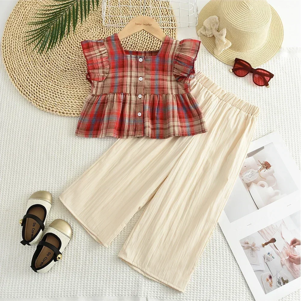 Summer Sweet and Casual 3-10-year-old Girls and Teenagers Pink Suit Square Collar Checkered Top+Wide Leg Pants Two Piece Set image 4