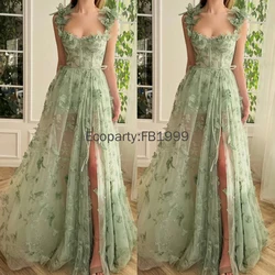 New Women Corset Long Tulle Prom Dress with Lace 3D Butterfly Sexy Slit Ball Gown Evening Dresses Wedding Formal Party Vestidos