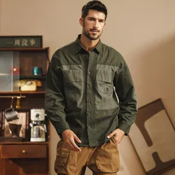 Men American Retro Splice Pure Cotton Loose Casual Long Sleeve Cargo Shirt Cityboy Streetwear Fashion Plus Size Blouses Shirts