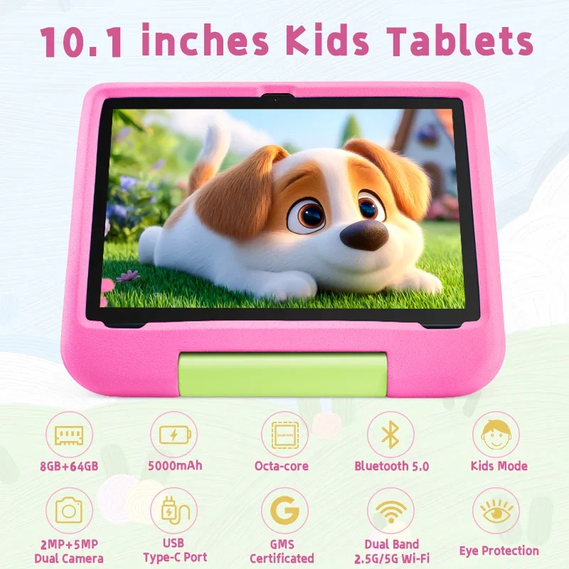 Tableta para niños, tabletas de 10,1 pulgadas para niños, tableta para niños pequeños de 8 GB y 64 GB con estuche incluido, control parental, 5000 mAh, cámara dual, GMS