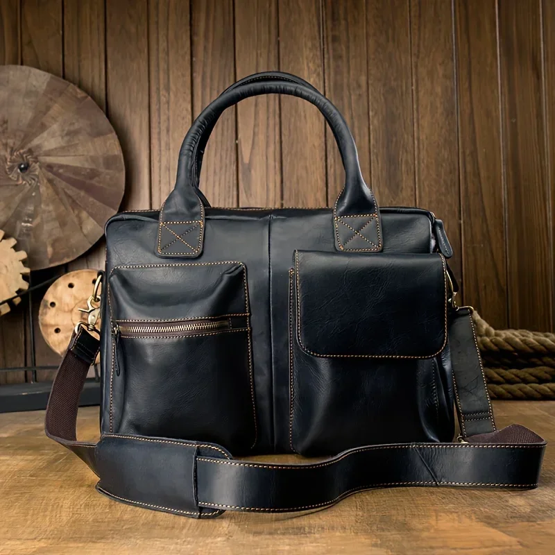 Bolso para ordenador portátil de cuero de vaca auténtico de alta calidad para hombre, maletín de viaje y bolso de mensajero, bolso de cuero de negocios