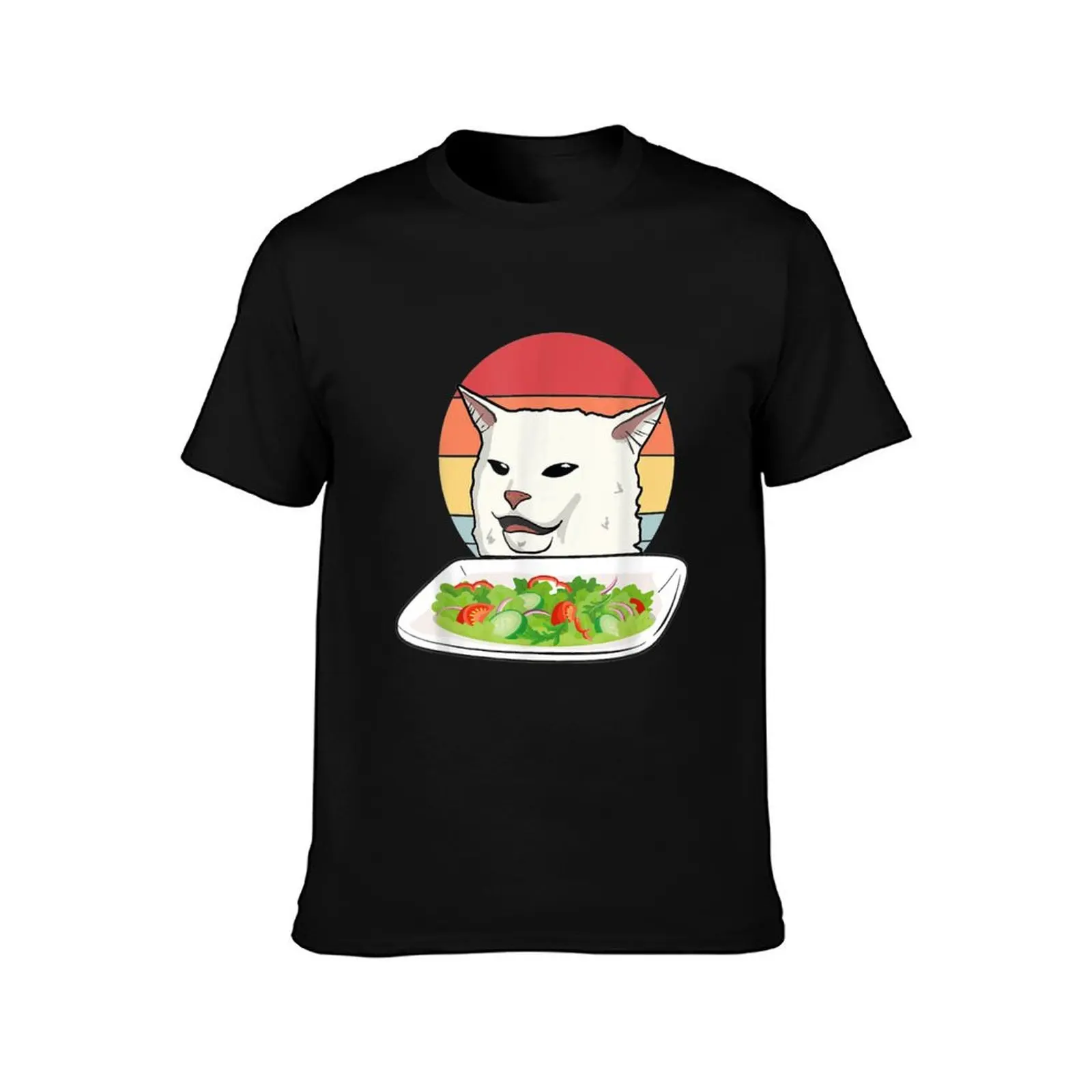 Angry women yelling at confused cat at dinner table meme T-Shirt Summer Casual Cotton Tee Oversized Streetwear Tops