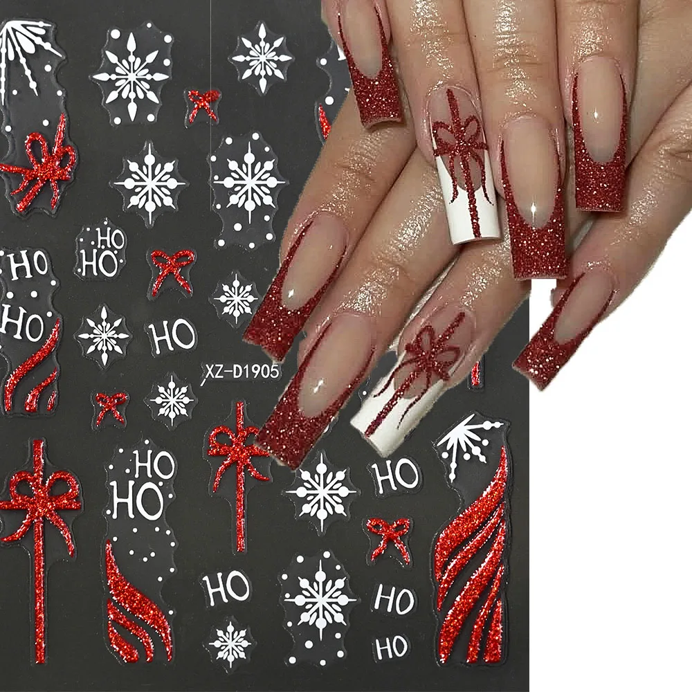 1pc 3D Red Glitter Christmas Bowknot Nail Stickers Sparkly Red Lace Ribbon Selfadhesive Nail Decals DIY Xmas Holiday Nail Slider