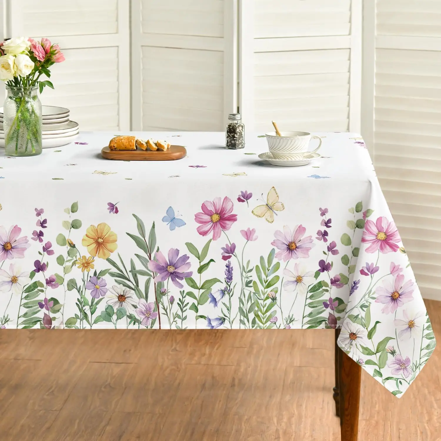 Spring Wildflowers Florals Butterfly Waterproof Tablecloth Wedding Party Dcor Washable Rectangle Table Cover Picnic Table Decor