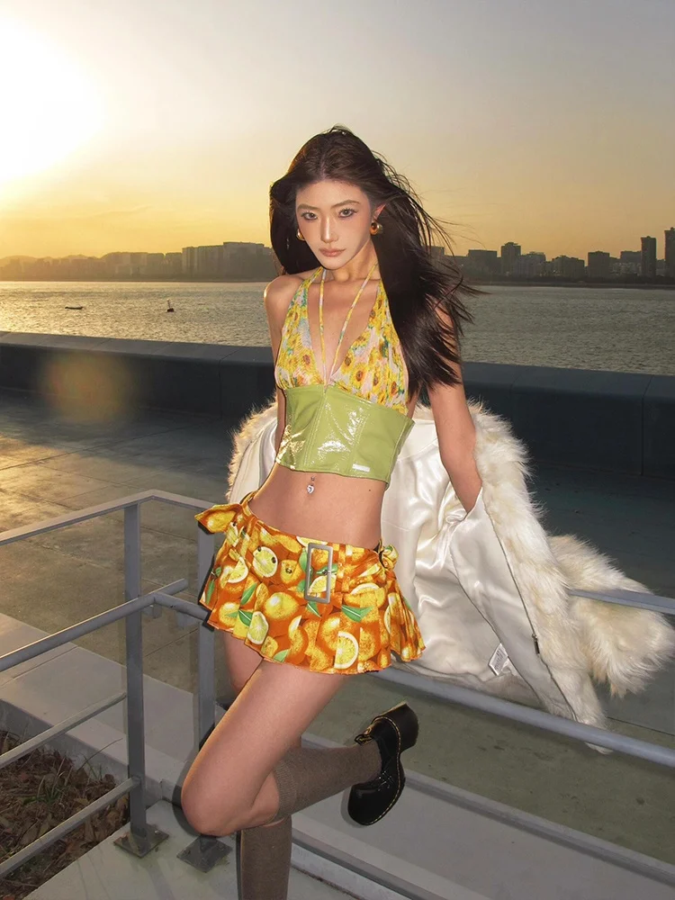 

Sexy American Girl Leather Crop Top And Skirt Set Low Waist Fruit Print Women's Fashion Two-Piece Suit Short Sleeve round Neck