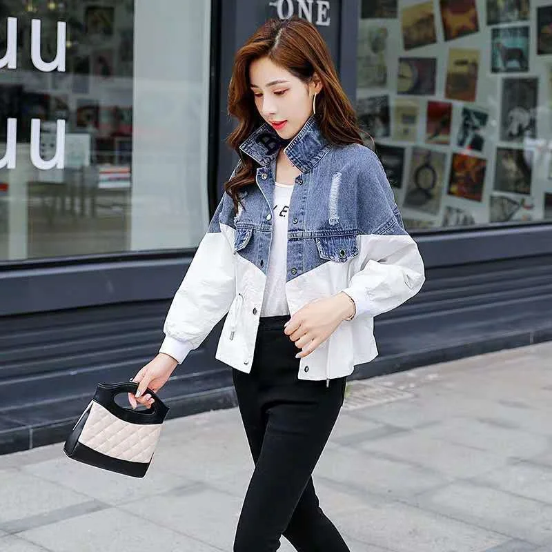 

Cowboy Jacket Female 2025 Spring Autumn New Korean Denim Coat Women Stitching Short Jeans Outwear Waist Drawstring Overcoat Tide